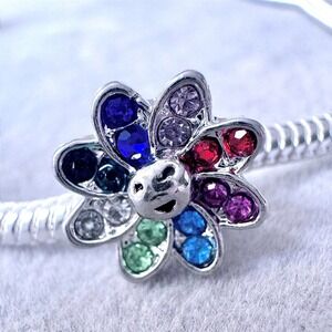 Rainbow Smiling Flower Crystal Slider Charm fits PANDORA